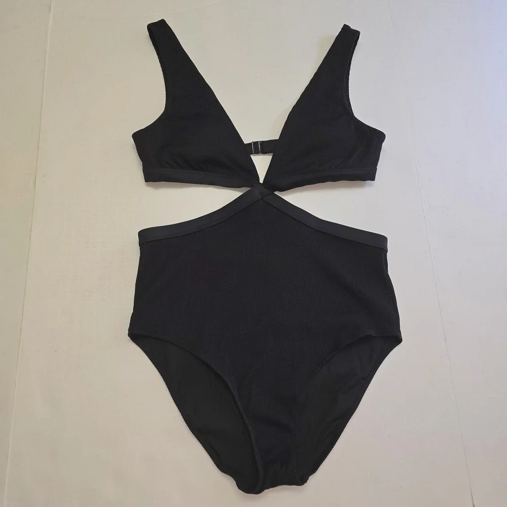 Aerie One Piece Swimsuit Size L Ribbed Mix Crossover Cut Out Black V-neck Womens
